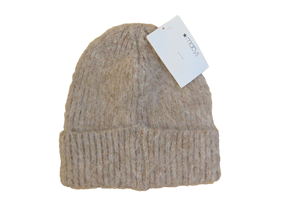 On 34th Solid Brushed Beanie Oat Taupe Fuzzy Cuffed Hat One Size NWT Macys